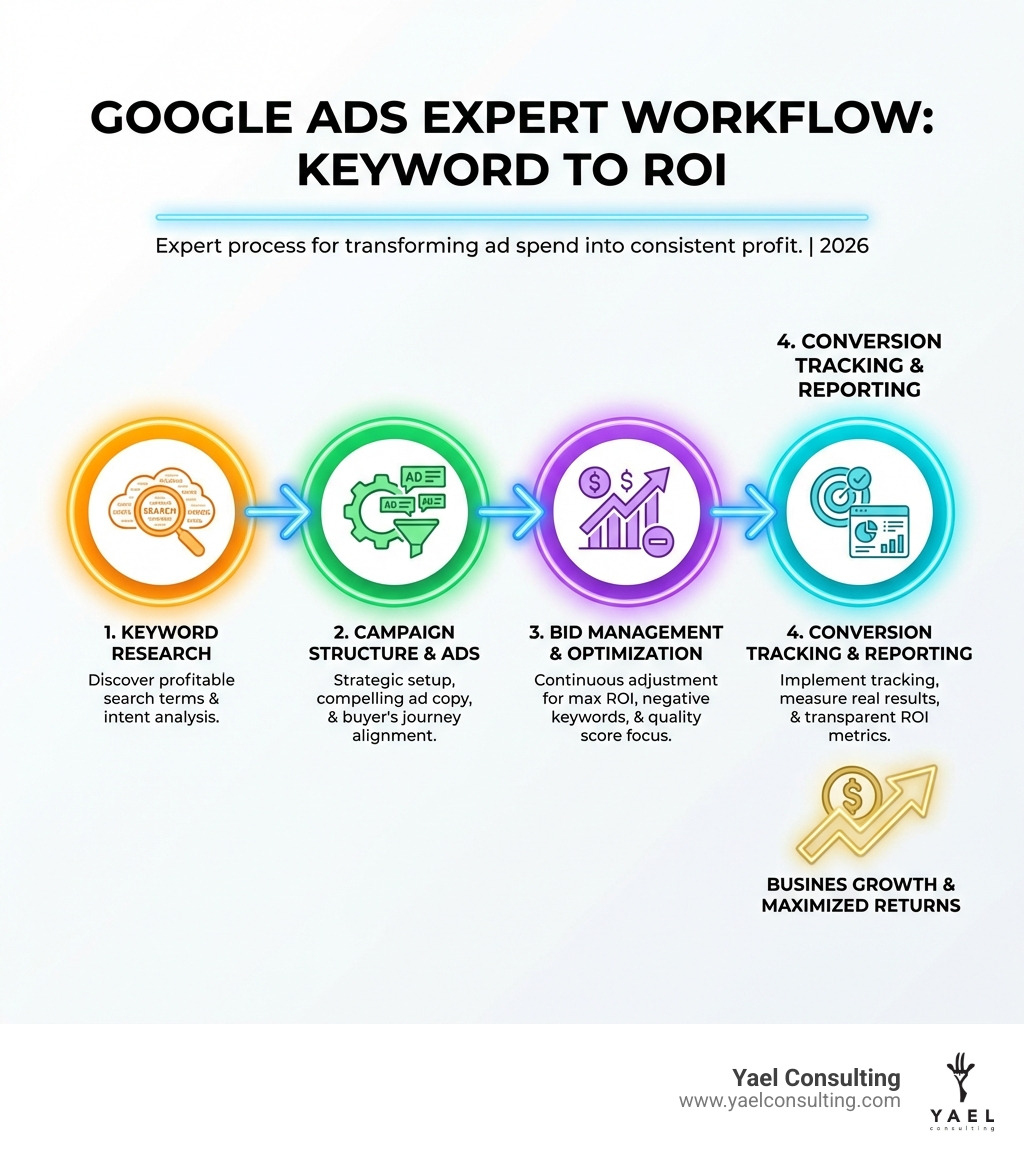 infographic showing google ads expert workflow from keyword research through bid management to conversion tracking and reporting with roi metrics - google ad expert near me infographic infographic showing google ads expert workflow from keyword research through bid management to conversion tracking and reporting with roi metrics - google ad expert near me infographic