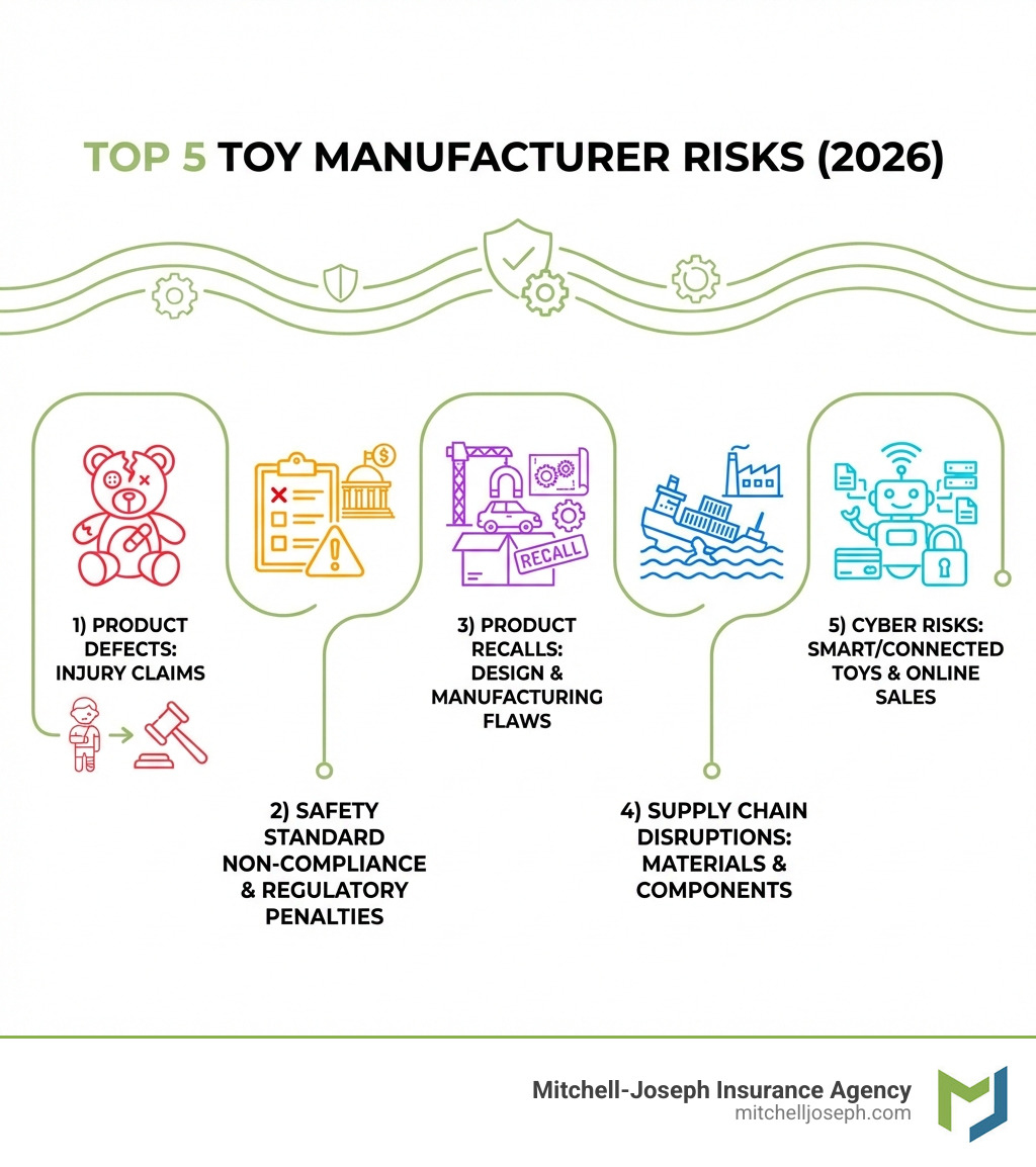 infographic showing top 5 toy manufacturer risks: 1) Product Defects leading to injury claims 2) Safety Standard Non-Compliance and regulatory penalties 3) Product Recalls due to design or manufacturing flaws 4) Supply Chain Disruptions affecting materials and components 5) Cyber Risks for smart/connected toys and online sales - Toy manufacturer insurance infographic infographic showing top 5 toy manufacturer risks: 1) Product Defects leading to injury claims 2) Safety Standard Non-Compliance and regulatory penalties 3) Product Recalls due to design or manufacturing flaws 4) Supply Chain Disruptions affecting materials and components 5) Cyber Risks for smart/connected toys and online sales - Toy manufacturer insurance infographic