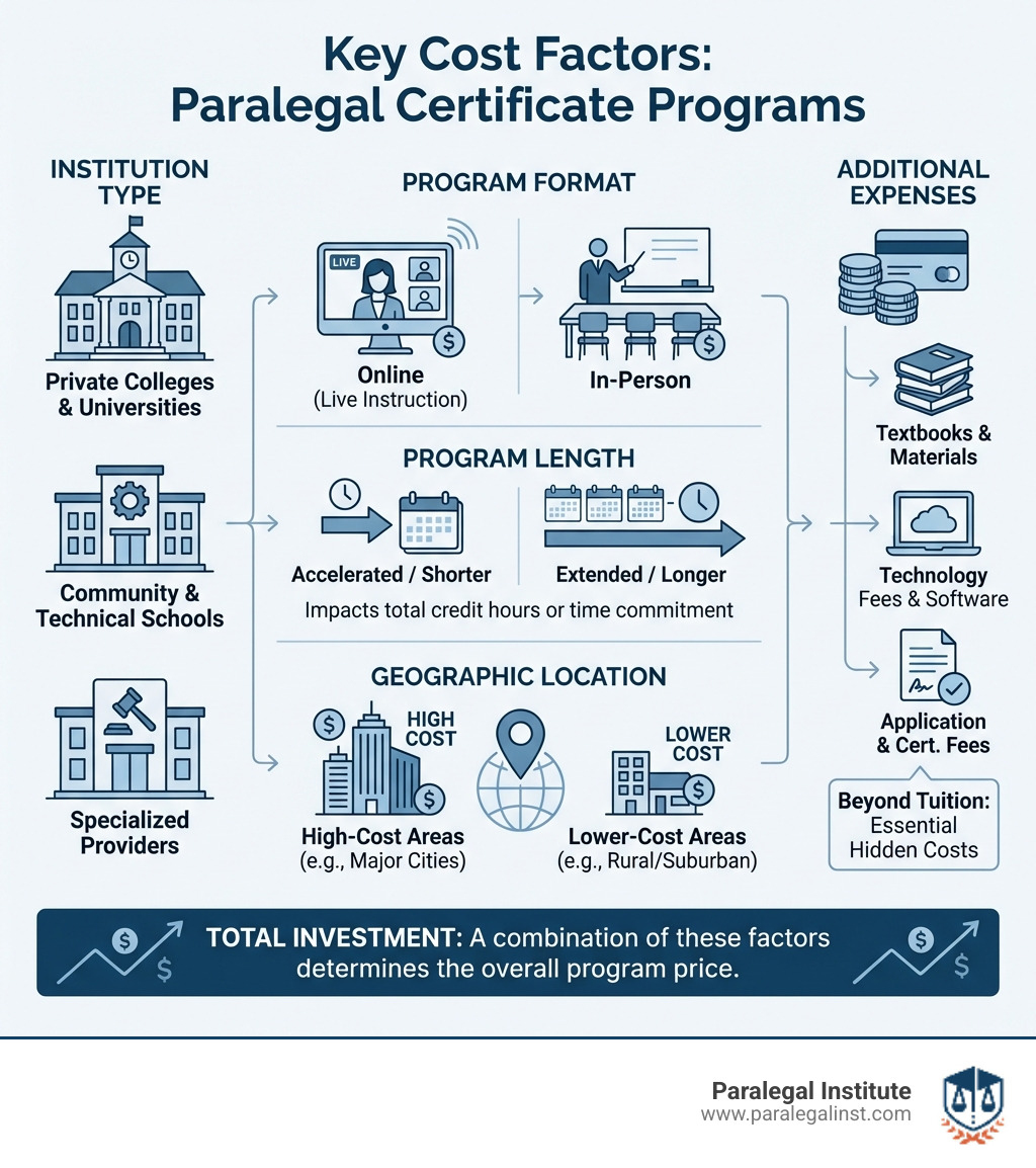 Infographic showing key cost factors for paralegal certificate programs including institution type, program format (online with live instruction vs in-person), program length, geographic location, and additional expenses like textbooks, technology fees, and application fees - how much does a paralegal certificate program cost infographic 