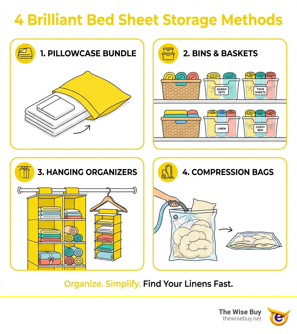 infographic showing four main bed sheet storage methods: the pillowcase bundle method with folded sheets tucked inside a pillowcase, labeled bins and baskets on shelves with rolled sheets, hanging organizers with cubbies attached to a closet rod, and compression bags with bulky comforters vacuum-sealed - bed sheet storage ideas infographic infographic showing four main bed sheet storage methods: the pillowcase bundle method with folded sheets tucked inside a pillowcase, labeled bins and baskets on shelves with rolled sheets, hanging organizers with cubbies attached to a closet rod, and compression bags with bulky comforters vacuum-sealed - bed sheet storage ideas infographic