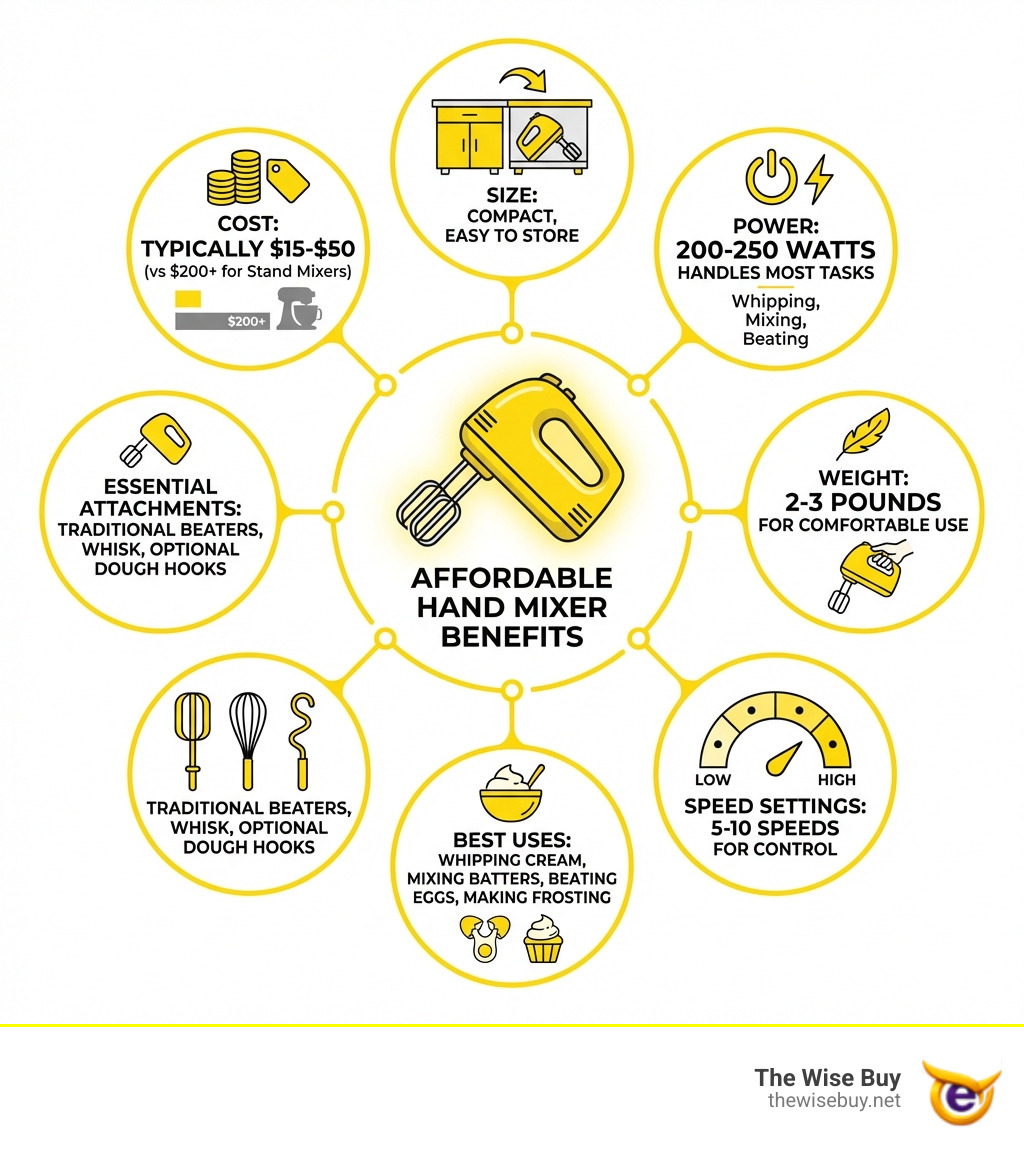 Infographic showing the key benefits of affordable hand mixers: Cost (typically $15-$50 vs $200+ for stand mixers), Size (compact, easy to store), Power (200-250 watts handles most tasks), Weight (2-3 pounds for comfortable use), Speed Settings (5-10 speeds for control), Best Uses (whipping cream, mixing batters, beating eggs, making frosting), and Essential Attachments (traditional beaters, whisk, optional dough hooks) - affordable hand mixer infographic Infographic showing the key benefits of affordable hand mixers: Cost (typically $15-$50 vs $200+ for stand mixers), Size (compact, easy to store), Power (200-250 watts handles most tasks), Weight (2-3 pounds for comfortable use), Speed Settings (5-10 speeds for control), Best Uses (whipping cream, mixing batters, beating eggs, making frosting), and Essential Attachments (traditional beaters, whisk, optional dough hooks) - affordable hand mixer infographic