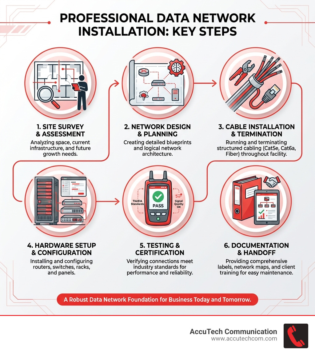 Infographic showing the key steps in professional data network installation: 1. Site Survey & Assessment, 2. Network Design & Planning, 3. Cable Installation & Termination, 4. Hardware Setup & Configuration, 5. Testing & Certification, 6. Documentation & Handoff - data network installation infographic Infographic showing the key steps in professional data network installation: 1. Site Survey & Assessment, 2. Network Design & Planning, 3. Cable Installation & Termination, 4. Hardware Setup & Configuration, 5. Testing & Certification, 6. Documentation & Handoff - data network installation infographic