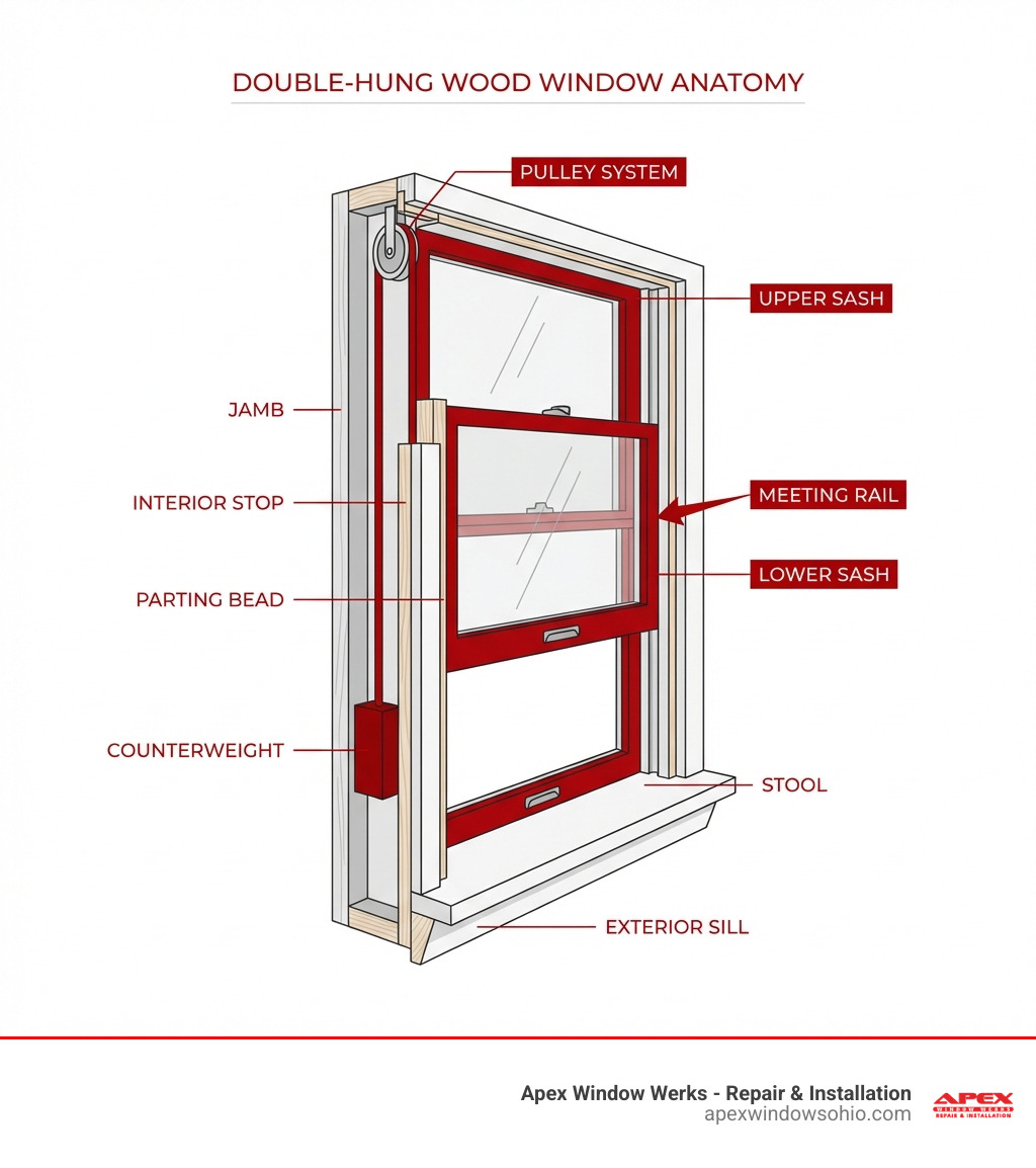 infographic showing the anatomy of a double-hung window with labeled parts including upper sash, lower sash, meeting rail, jamb, interior stop, parting bead, exterior sill, stool, counterweight, sash rope, and pulley system - double hung wood window repair infographic 