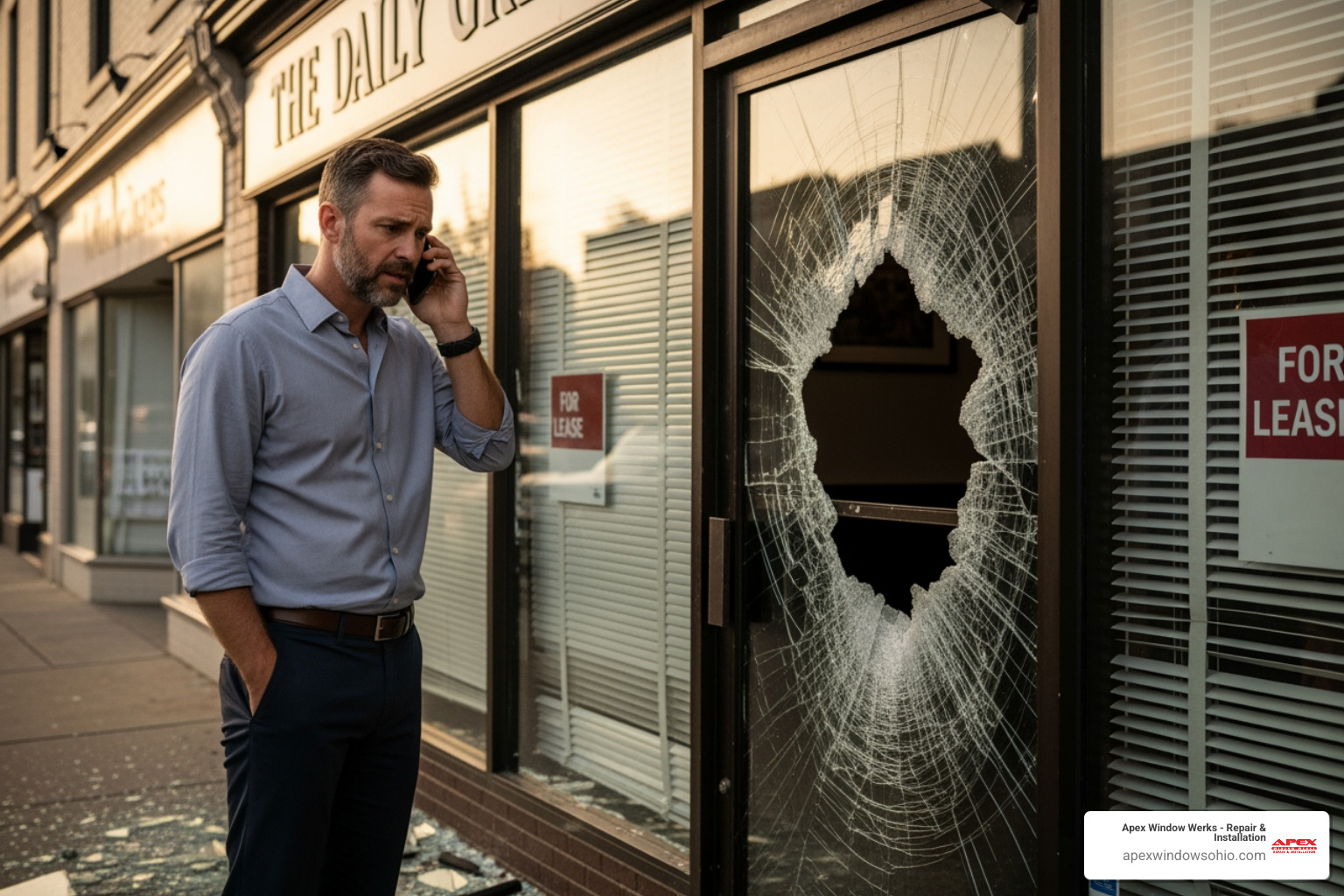 business owner on the phone with damaged glass door - Emergency business glass repair business owner on the phone with damaged glass door - Emergency business glass repair