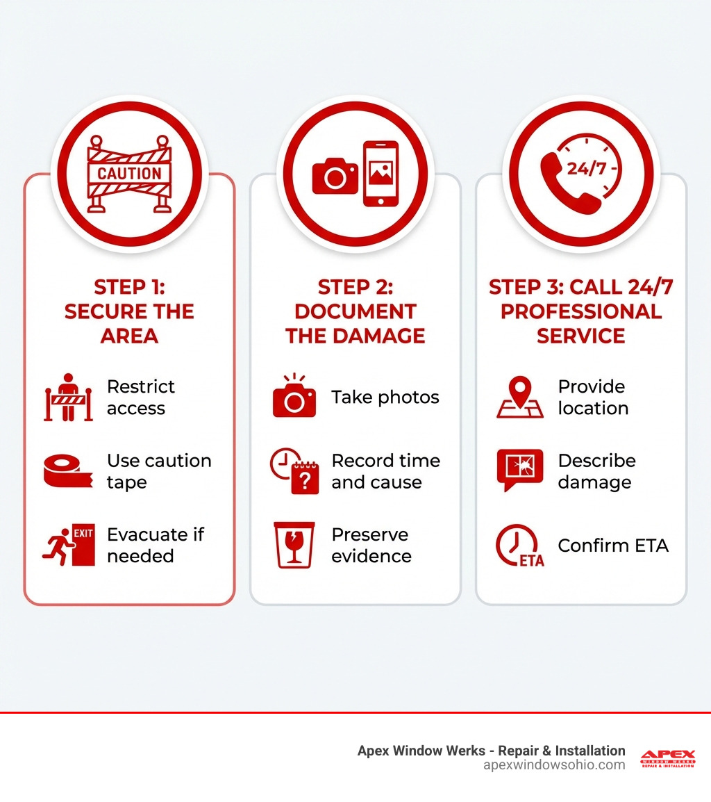 Infographic showing three immediate emergency steps: Step 1 - Secure the Area (restrict access, use caution tape, evacuate if needed), Step 2 - Document the Damage (take photos, record time and cause, preserve evidence), Step 3 - Call 24/7 Professional Service (provide location, describe damage, confirm ETA) - Emergency business glass repair infographic Infographic showing three immediate emergency steps: Step 1 - Secure the Area (restrict access, use caution tape, evacuate if needed), Step 2 - Document the Damage (take photos, record time and cause, preserve evidence), Step 3 - Call 24/7 Professional Service (provide location, describe damage, confirm ETA) - Emergency business glass repair infographic