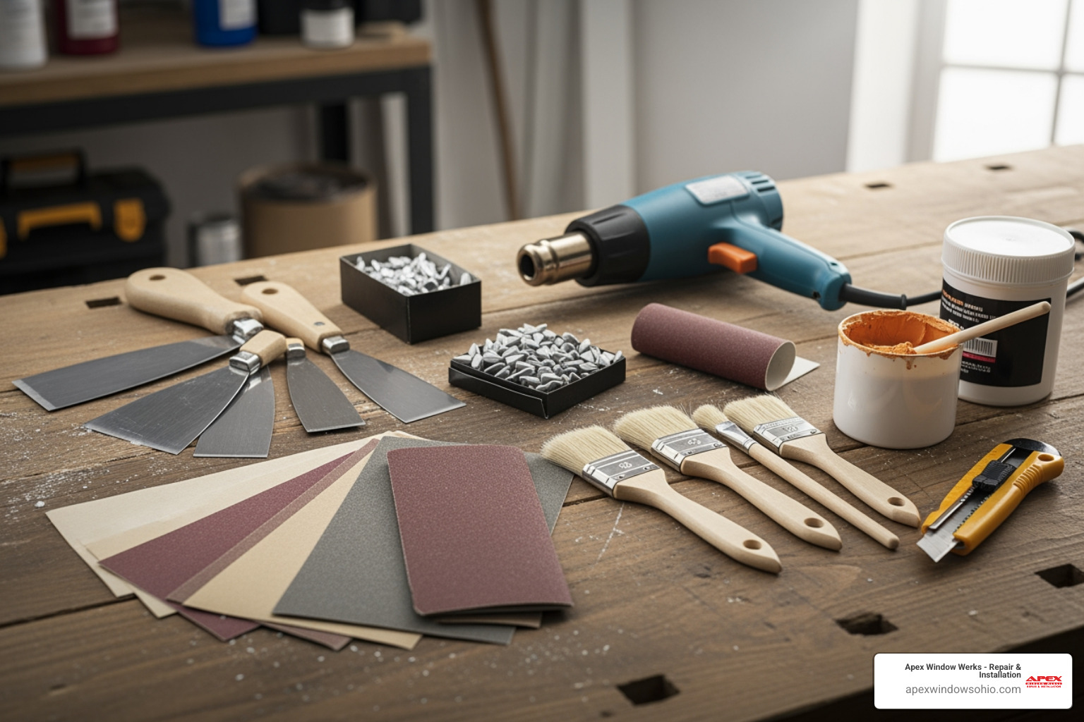 essential window repair tools and materials laid out on a workbench - double hung wood window repair