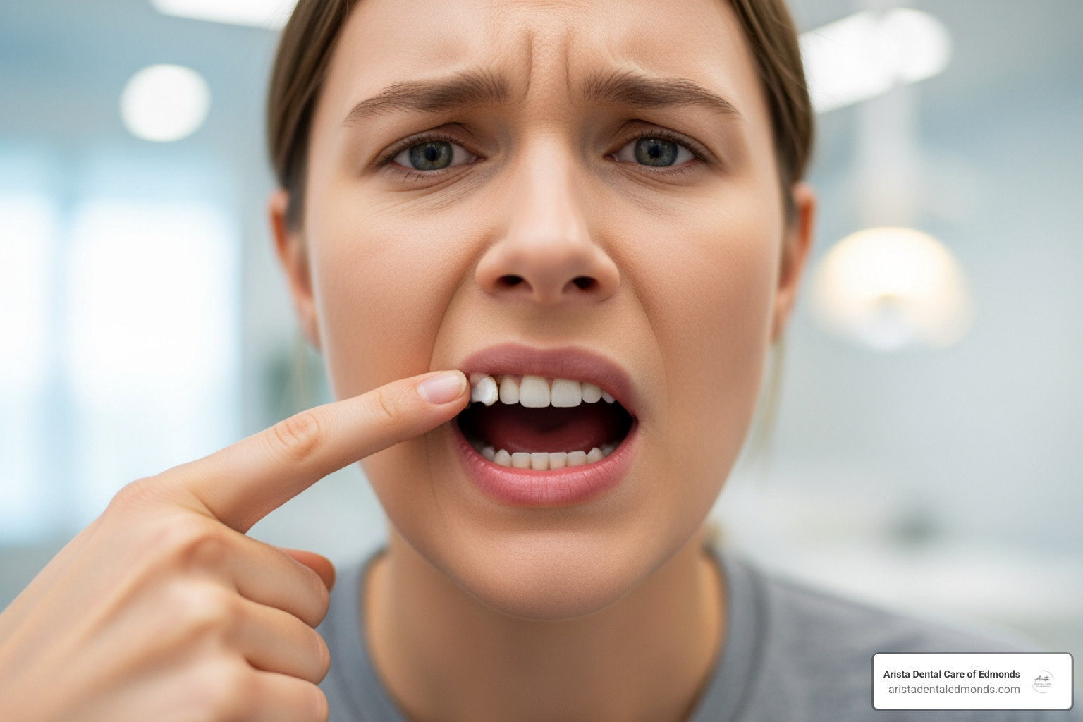 Woman showing dental discomfort by pointing at swollen gums, indicating potential dental abscess, in a dental care setting.