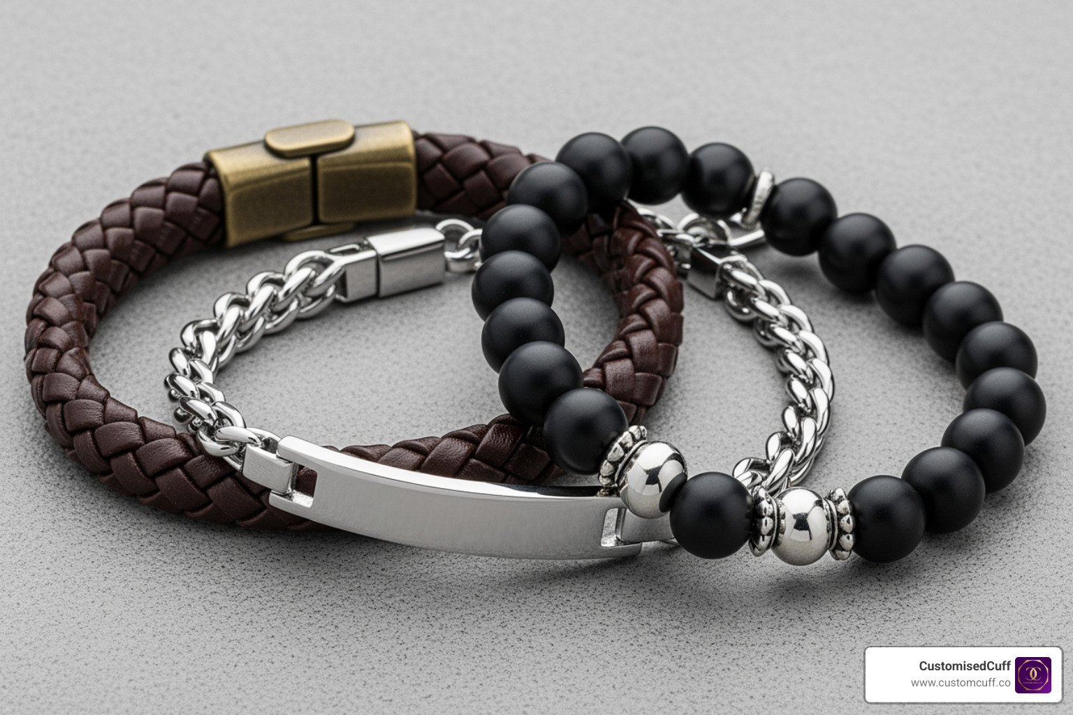 A collection of different bracelet styles: a leather braid, a metal ID bracelet, and a beaded bracelet, showcasing versatility - engraved bracelet for son