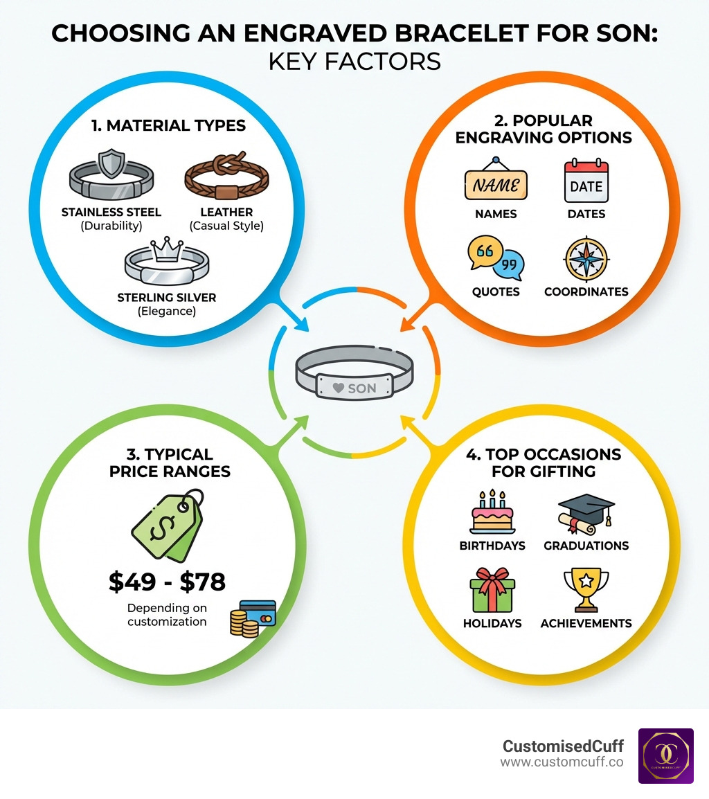 Infographic showing the key factors in choosing an engraved bracelet for son: material types (stainless steel for durability, leather for casual style, sterling silver for elegance), popular engraving options (names, dates, quotes, coordinates), typical price ranges ($49-$78 depending on customization), and top occasions for gifting (birthdays, graduations, holidays, achievements) - engraved bracelet for son infographic 