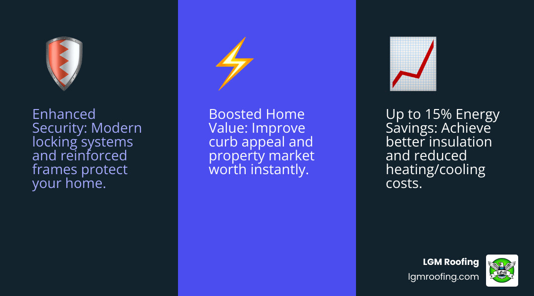 Infographic showing three key benefits of professional door installation: a shield icon representing improved home security with modern locks and reinforced frames, a house with arrows representing 15% energy savings through proper sealing and insulation, and an upward trending graph representing increased home value and curb appeal - door installation near me in jersey city, nj infographic 3_facts_emoji_blue Enhanced security with modern locking systems, boosted home value through improved curb appeal, and up to 15% energy savings from better insulation; LGM Roofing branding visible.