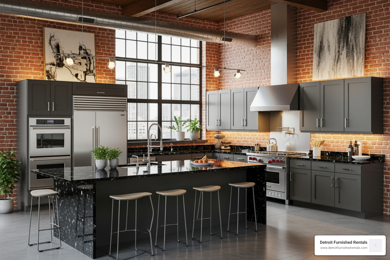 Modern loft kitchen with high-end amenities - average rent for an apartment loft in detroit
