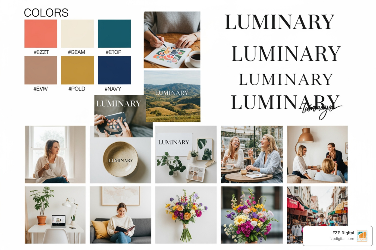 A vibrant and creative mood board featuring color swatches, various font examples, and inspirational lifestyle photographs, all contributing to a cohesive brand vision. - brand identity design agency A vibrant and creative mood board featuring color swatches, various font examples, and inspirational lifestyle photographs, all contributing to a cohesive brand vision. - brand identity design agency