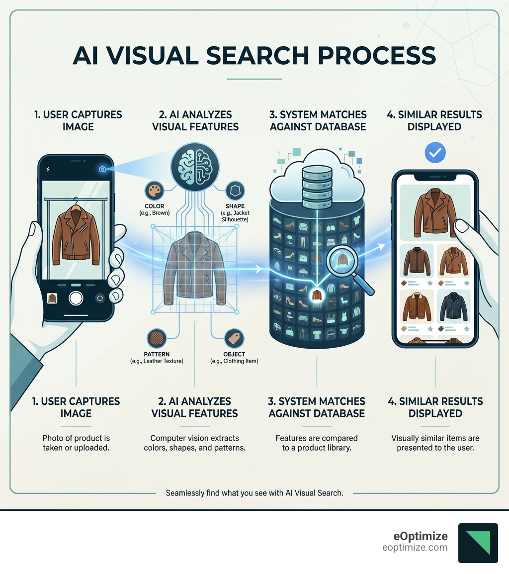 Infographic showing the AI visual search process: step 1 shows a user photographing a product, step 2 shows AI analyzing image features like color and shape, step 3 shows the system matching against a product database, and step 4 shows visually similar results displayed to the user - AI visual search infographic Infographic showing the AI visual search process: step 1 shows a user photographing a product, step 2 shows AI analyzing image features like color and shape, step 3 shows the system matching against a product database, and step 4 shows visually similar results displayed to the user - AI visual search infographic