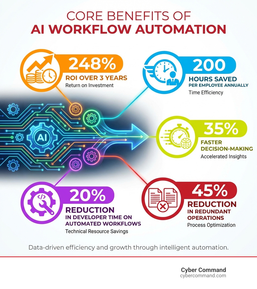 Infographic showing the core benefits of AI workflow automation: 248% ROI over 3 years, 200 hours saved per employee annually, 35% faster decision-making, 45% reduction in redundant operations, and 20% reduction in developer time on automated workflows - ai workflow automation tools for business process optimization 2025 infographic 