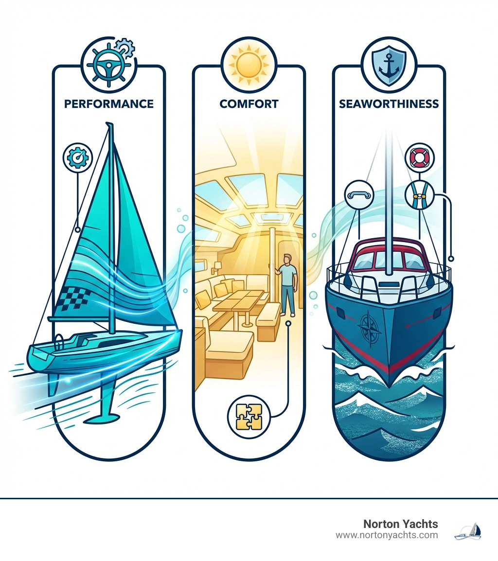 Infographic showing the three pillars of the Jeanneau Sun Odyssey philosophy: Performance (responsive helm, efficient hull design, racing-derived innovations), Comfort (spacious interiors, natural light, modular layouts, standing headroom), and Seaworthiness (stable hull forms, secure cockpits, offshore-capable construction, safety features like raised coamings) - Jeanneau Sun Odyssey Sailboats infographic Infographic showing the three pillars of the Jeanneau Sun Odyssey philosophy: Performance (responsiv…