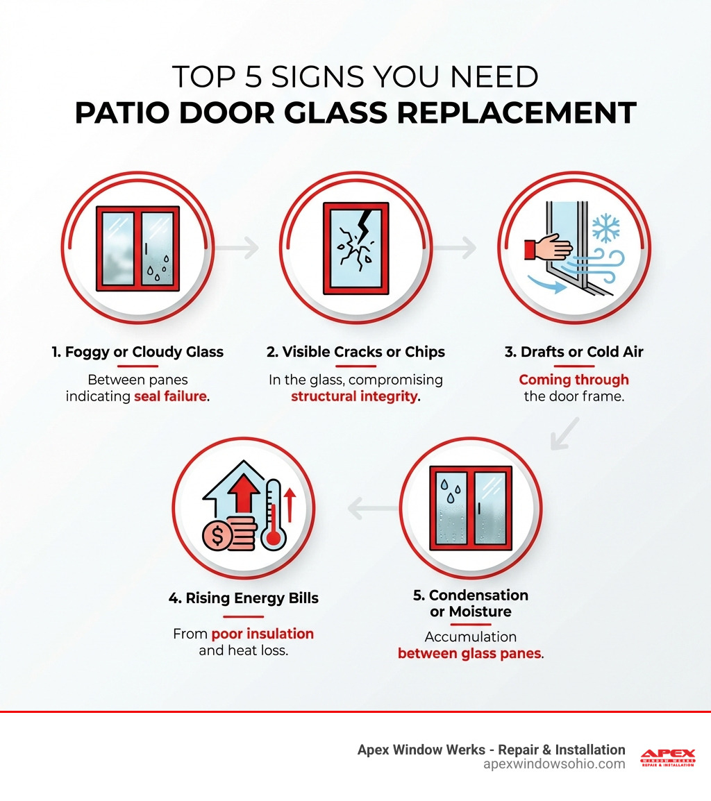 Infographic showing the top 5 signs you need patio door glass replacement: 1. Foggy or cloudy glass between panes indicating seal failure, 2. Visible cracks or chips in the glass, 3. Drafts or cold air coming through the door, 4. Rising energy bills from poor insulation, 5. Condensation or moisture between glass panes - patio door glass replacement infographic Infographic showing the top 5 signs you need patio door glass replacement: 1. Foggy or cloudy glass between panes indicating seal failure, 2. Visible cracks or chips in the glass, 3. Drafts or cold air coming through the door, 4. Rising energy bills from poor insulation, 5. Condensation or moisture between glass panes - patio door glass replacement infographic