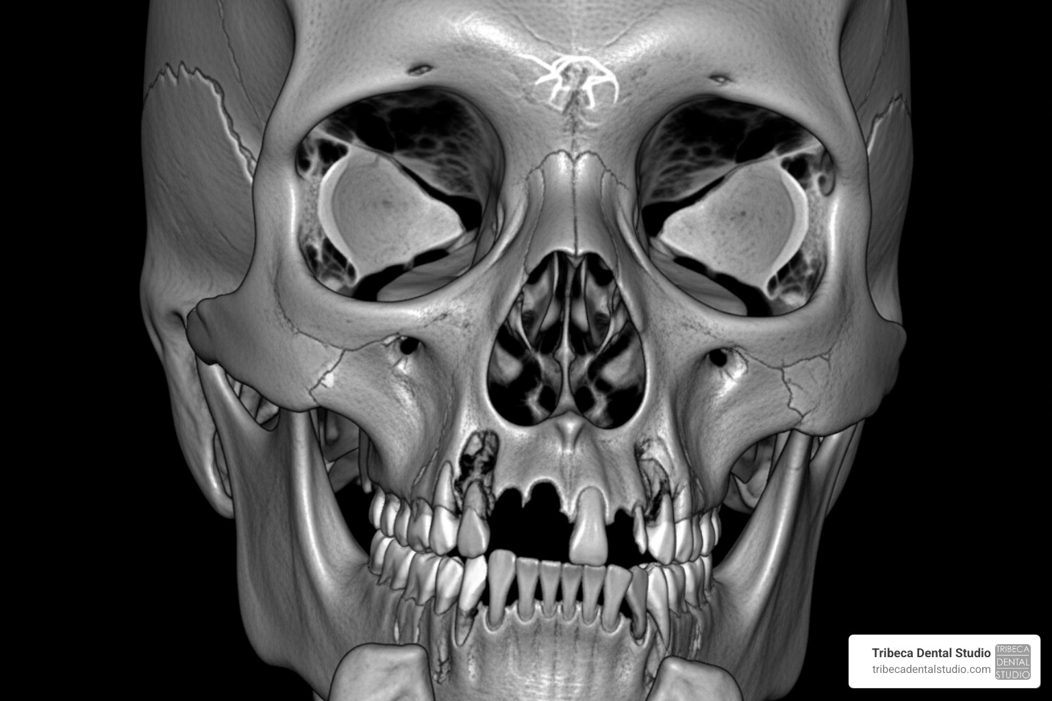 3D CBCT scan showing severe maxillary bone loss - zygomatic and pterygoid implants 3D CBCT scan showing severe maxillary bone loss - zygomatic and pterygoid implants