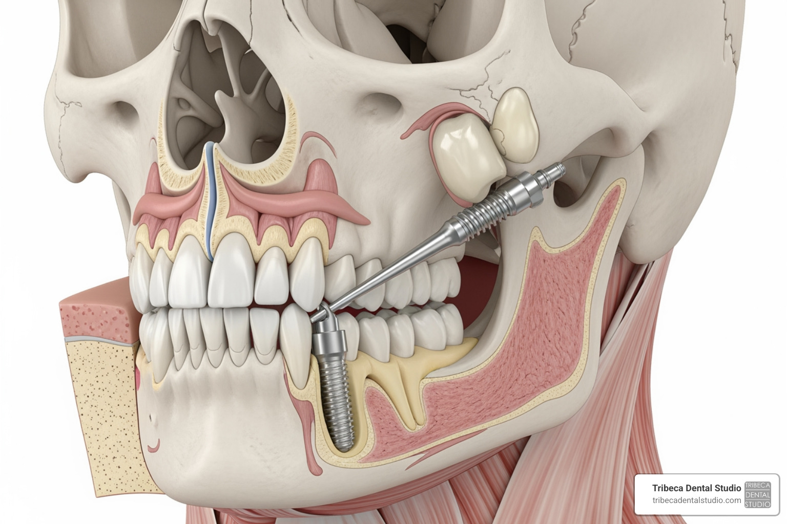 diagram showing the placement of a zygomatic implant into the cheekbone - zygomatic and pterygoid implants diagram showing the placement of a zygomatic implant into the cheekbone - zygomatic and pterygoid implants