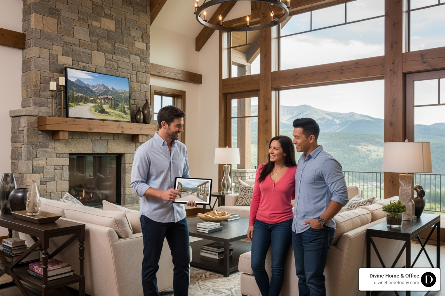 designer presenting 3D renderings to a happy client in a luxury modern mountain home - residential interior design studio designer presenting 3D renderings to a happy client in a luxury modern mountain home - residential interior design studio