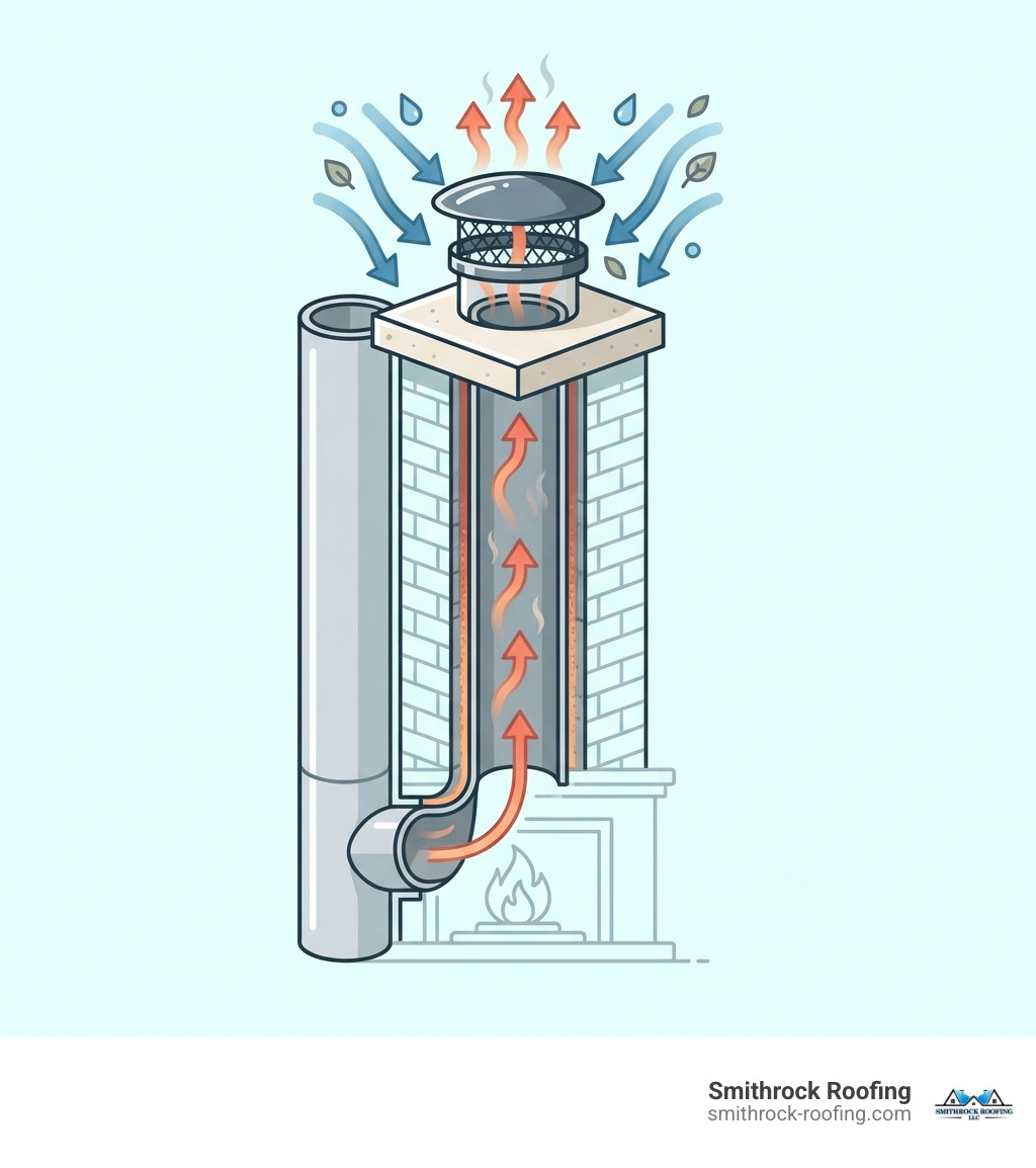 Infographic showing the anatomy of a complete chimney system with labeled components including the flue opening, chimney liner protecting the interior walls, chimney crown at the top, rain cap covering the flue, and arrows indicating how smoke exits while rain and debris are blocked from entering - average cost of rain cap and chimney liner install infographic 