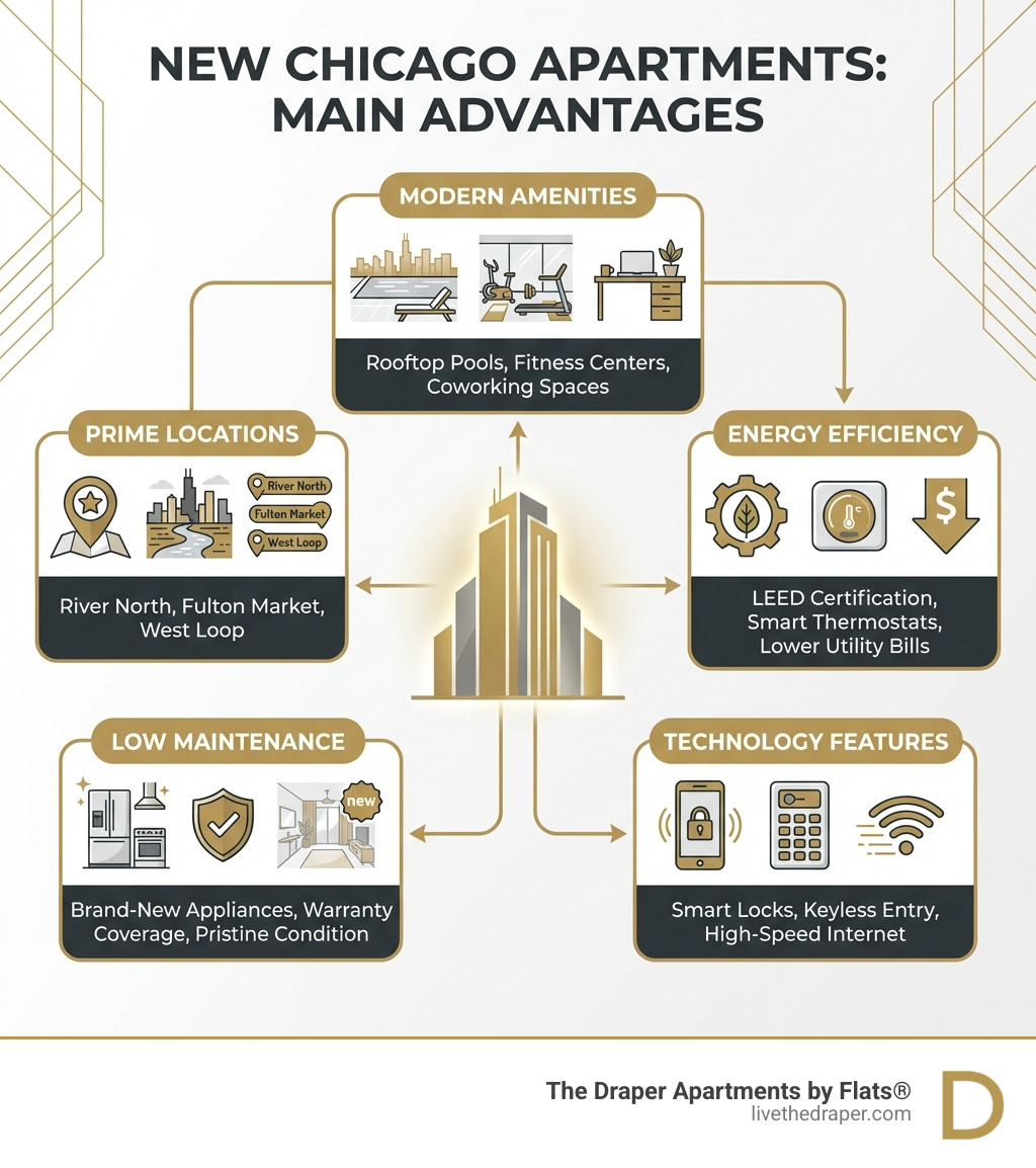 Infographic showing the main advantages of new Chicago apartments: Modern Amenities (rooftop pools, fitness centers, coworking spaces), Sustainable Design (LEED certification, smart thermostats), Prime Locations (River North, Fulton Market, West Loop), Low Maintenance (brand-new appliances, warranty coverage, pristine condition), and Technology Features (smart locks, keyless entry, high-speed internet) - new apartments Chicago IL infographic 