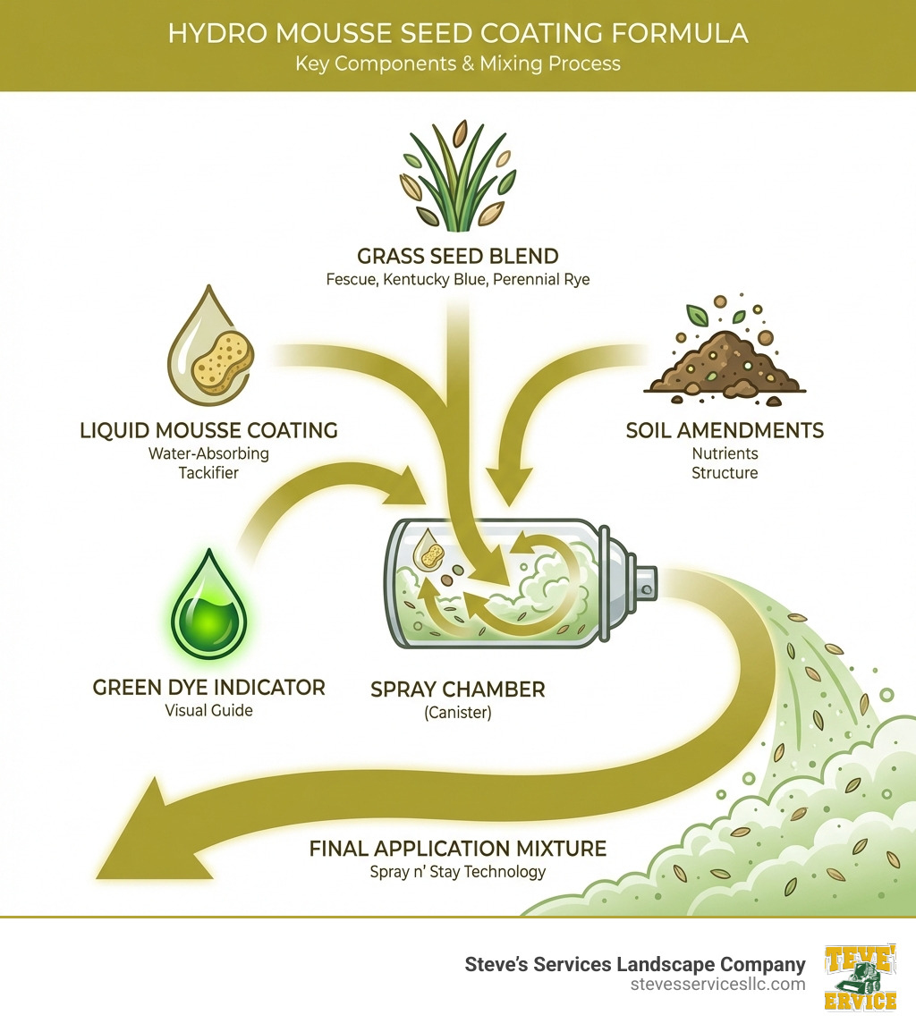infographic showing the four key components of seed coating formula: grass seed blend at top, liquid mousse coating in middle left, soil amendments in middle right, and green dye indicator at bottom, with arrows showing how they combine in the spray chamber to create the final application mixture - hydro mousse seed coating formula infographic 