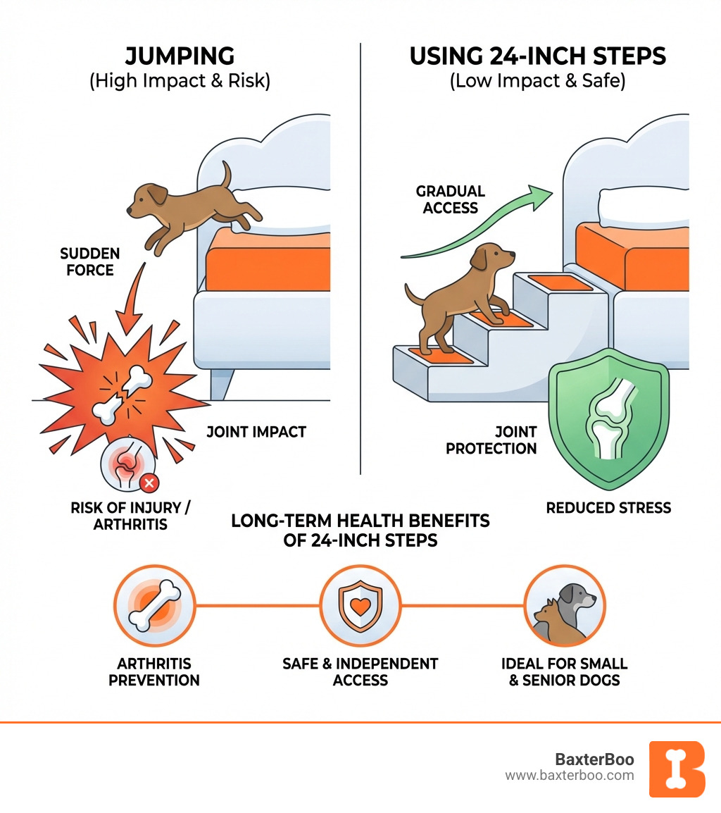 infographic showing dog jumping vs using steps with joint impact comparison, highlighting benefits of 24 inch steps for high beds including reduced joint stress, arthritis prevention, and safe access for small and senior dogs - 24 inch dog steps infographic infographic showing dog jumping vs using steps with joint impact comparison, highlighting benefits of 24 inch steps for high beds including reduced joint stress, arthritis prevention, and safe access for small and senior dogs - 24 inch dog steps infographic
