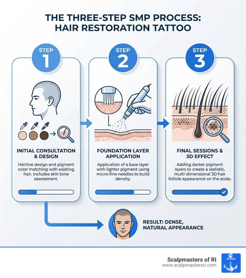 Infographic showing the three-step SMP process: Step 1 - Initial consultation and hairline design with color matching; Step 2 - Foundation layer application with lighter pigment using micro-fine needles; Step 3 - Final sessions adding darker pigment layers to create a realistic 3D hair follicle appearance on the scalp - Hair restoration tattoo infographic 