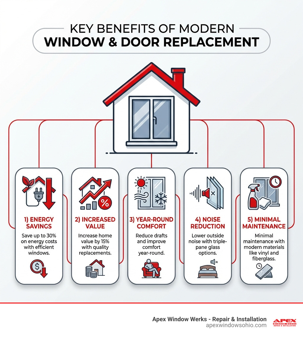 Infographic showing 5 key benefits: 1) Save up to 30% on energy costs with efficient windows, 2) Increase home value by 15% with quality replacements, 3) Reduce drafts and improve comfort year-round, 4) Lower outside noise with triple-pane glass options, 5) Minimal maintenance with modern materials like vinyl and fiberglass - doors and window replacement infographic Infographic showing 5 key benefits: 1) Save up to 30% on energy costs with efficient windows, 2) Increase home value by 15% with quality replacements, 3) Reduce drafts and improve comfort year-round, 4) Lower outside noise with triple-pane glass options, 5) Minimal maintenance with modern materials like vinyl and fiberglass - doors and window replacement infographic