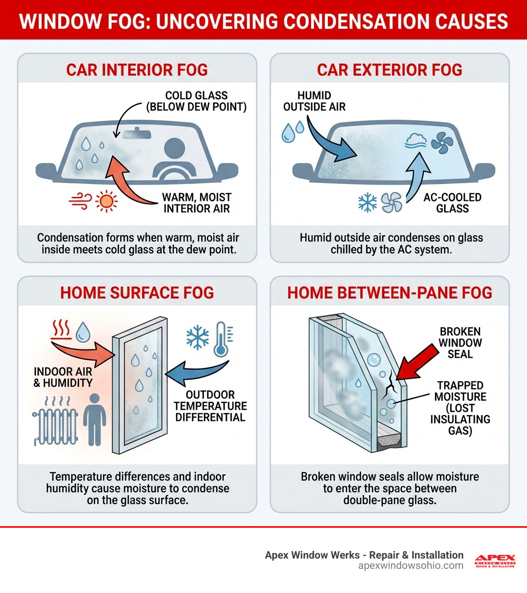 Infographic showing three types of window fog: car interior condensation caused by warm moist air meeting cold glass at the dew point, car exterior condensation from humid air meeting AC-cooled glass, home surface condensation from temperature differentials and humidity, and home between-pane fog from broken window seals with lost insulating gas - fogged up windows infographic Infographic showing three types of window fog: car interior condensation caused by warm moist air meeting cold glass at the dew point, car exterior condensation from humid air meeting AC-cooled glass, home surface condensation from temperature differentials and humidity, and home between-pane fog from broken window seals with lost insulating gas - fogged up windows infographic