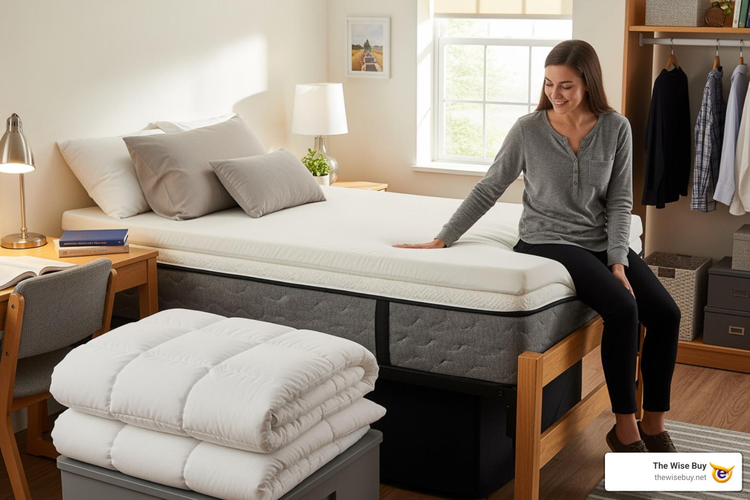 student measuring a Twin XL dorm bed - best dorm mattress topper twin xl