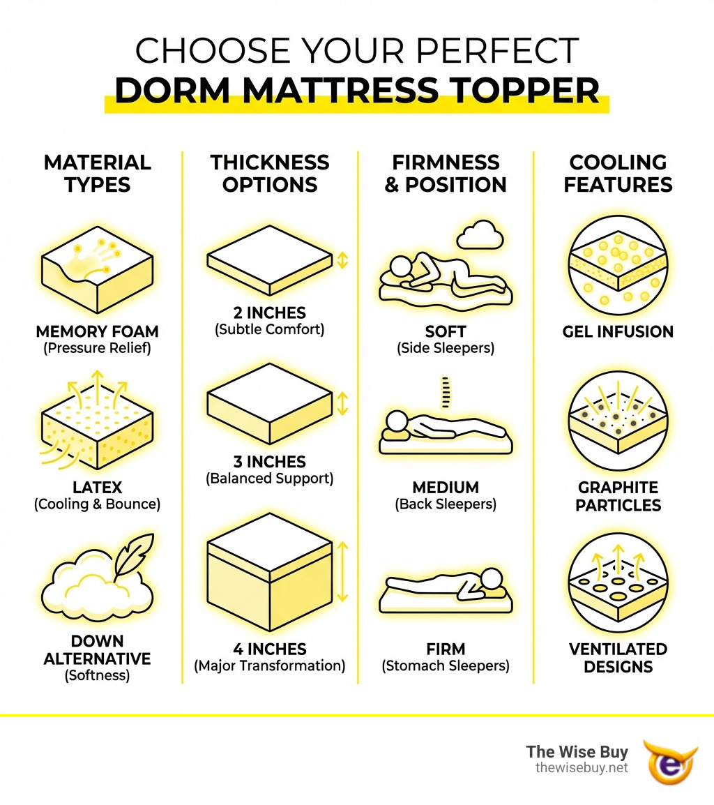 infographic showing key factors for choosing a dorm mattress topper: material types including memory foam for pressure relief, latex for cooling and bounce, and down alternative for softness; thickness options of 2 inches for subtle comfort, 3 inches for balanced support, and 4 inches for major transformation; firmness levels matched to sleeping positions with soft for side sleepers, medium for back sleepers, and firm for stomach sleepers; and cooling features like gel infusion, graphite particles, and ventilated designs - best dorm mattress topper twin xl infographic 