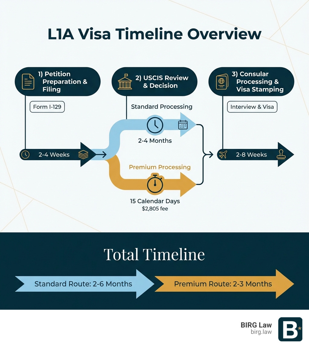 L1A visa timeline infographic showing three main stages: 1) Petition Preparation and Filing with Form I-129 (2-4 weeks), 2) USCIS Review with standard processing (2-4 months) or premium processing (15 days) and 3) Consular Processing including interview and visa stamping (2-8 weeks) - l1a visa timeline infographic 