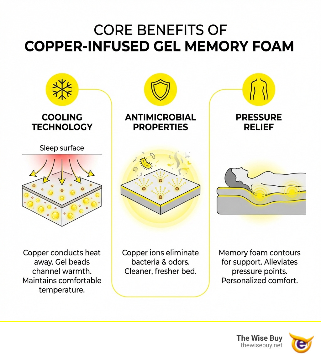 Infographic showing the three core benefits of copper-infused gel memory foam mattress toppers: a snowflake icon representing cooling technology with copper conducting heat away and gel beads channeling warmth, a shield icon representing antimicrobial properties with copper ions eliminating bacteria and odors, and a body silhouette icon representing pressure relief with memory foam contouring to support pressure points - copper infused gel memory foam mattress topper infographic 