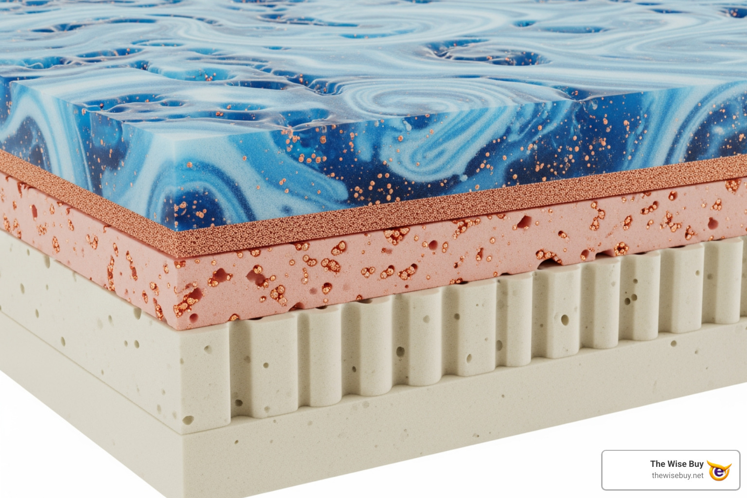 cross section of a copper-infused gel memory foam topper showing the different materials - copper infused gel memory foam mattress topper