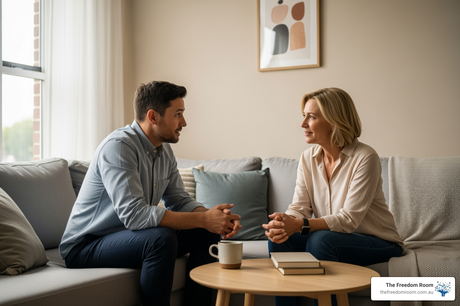 A supportive conversation between two people on a sofa, representing a first step in how to help someone get sober from alcohol. A supportive conversation between two people on a sofa, representing a first step in how to help someone get sober from alcohol.