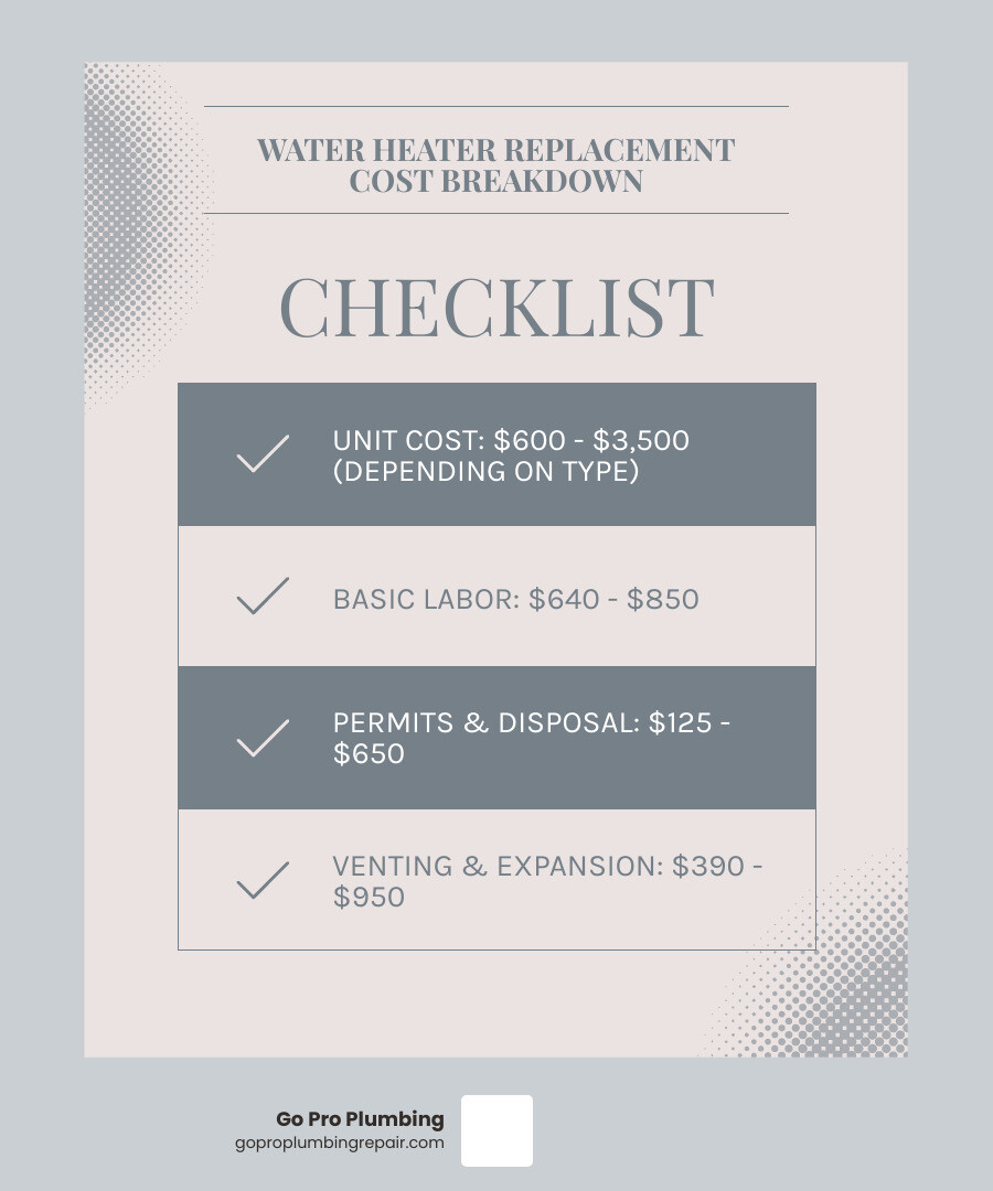Infographic showing the average cost breakdown of a water heater replacement: Unit cost ($600-$2,500 for standard tank, $1,200-$3,500 for high-efficiency), Labor cost ($640-$850), Permits ($25-$150), Disposal ($100-$500), Additional costs like venting ($300-$600) and expansion tanks ($90-$350) - cost to change hot water heater infographic checklist-light-blue-grey