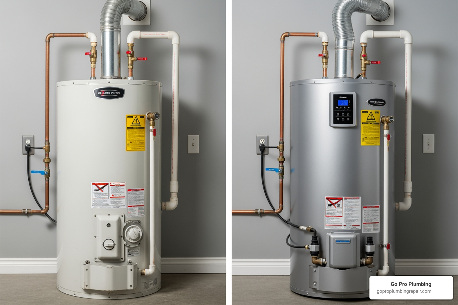 A side-by-side comparison of a traditional tank water heater and a modern, high-efficiency tank water heater - cost to change hot water heater