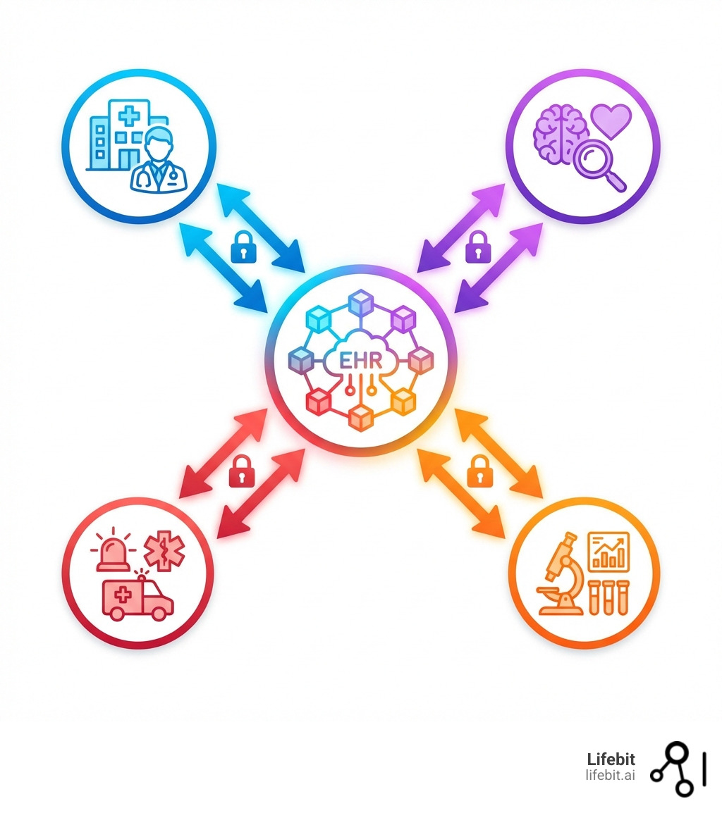 infographic showing patient data flow from primary care visit through specialist consultation, lab results, and emergency care using an interoperable EHR system, with icons representing different healthcare providers and arrows showing secure data exchange - ehr emr software infographic 