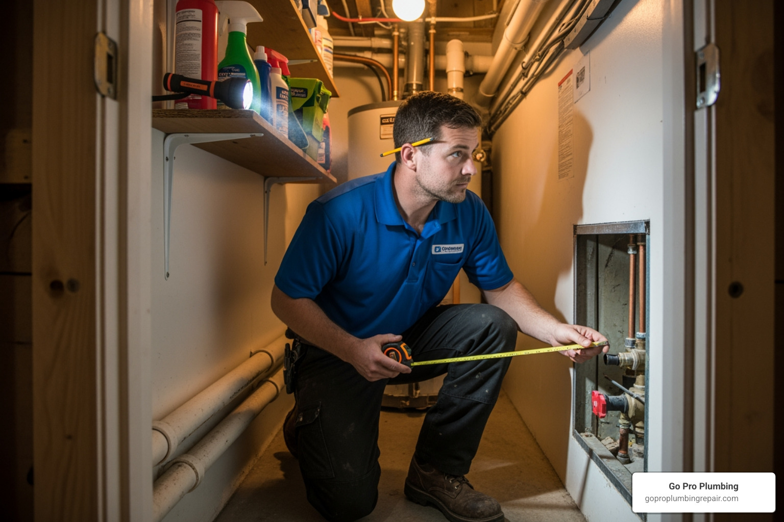 A plumber assessing the installation space for a new water heater in a utility closet - cost to change hot water heater