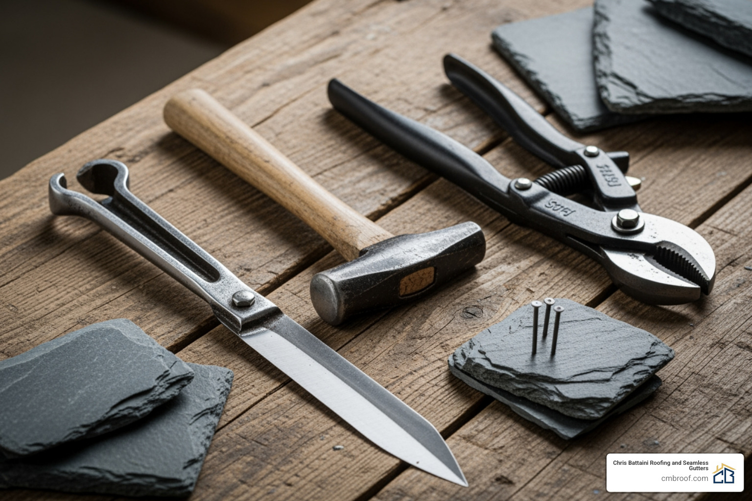 image of specialized slate roofing tools: a slate ripper, slate cutter, and slate hammer - Slate Roof Repairs