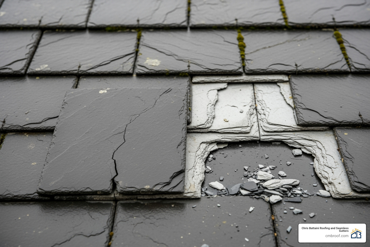 image showing a single cracked slate tile next to a roof section with widespread delaminating slates - Slate Roof Repairs