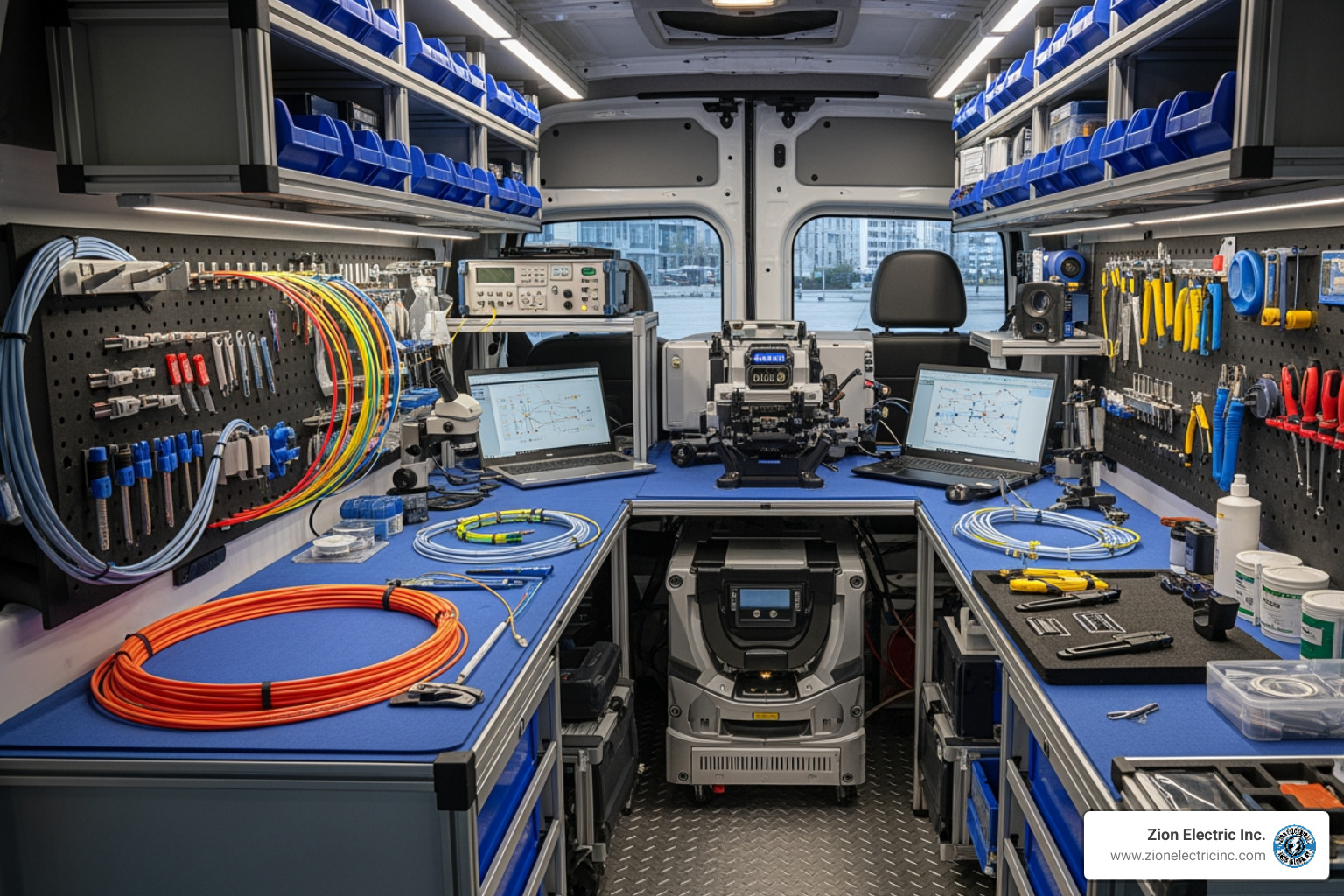 well-equipped splicing lab interior - fiber optic splicing bucket truck