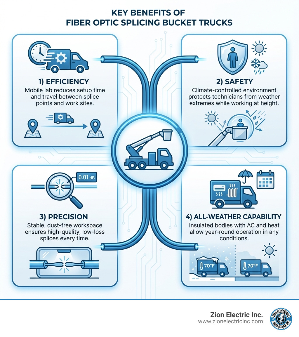 Infographic showing four key benefits of fiber optic splicing bucket trucks: 1) Efficiency - Mobile lab reduces setup time and travel between splice points and work sites, 2) Safety - Climate-controlled environment protects technicians from weather extremes while working at height, 3) Precision - Stable, dust-free workspace ensures high-quality, low-loss splices every time, 4) All-Weather Capability - Insulated bodies with AC and heat allow year-round operation in any conditions - fiber optic splicing bucket truck infographic 