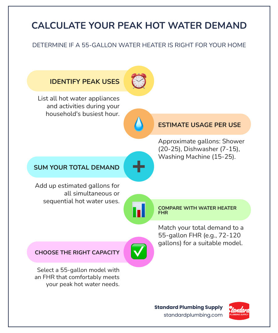 Detailed infographic showing how to calculate peak hour hot water demand for a household, including typical usage amounts for showers (20 gallons), dishwashers (7 gallons), and washing machines (15-25 gallons), with a step-by-step worksheet to determine if a 55-gallon capacity with specific FHR is right for your home - 55 gallon water heater infographic infographic-line-5-steps-colors