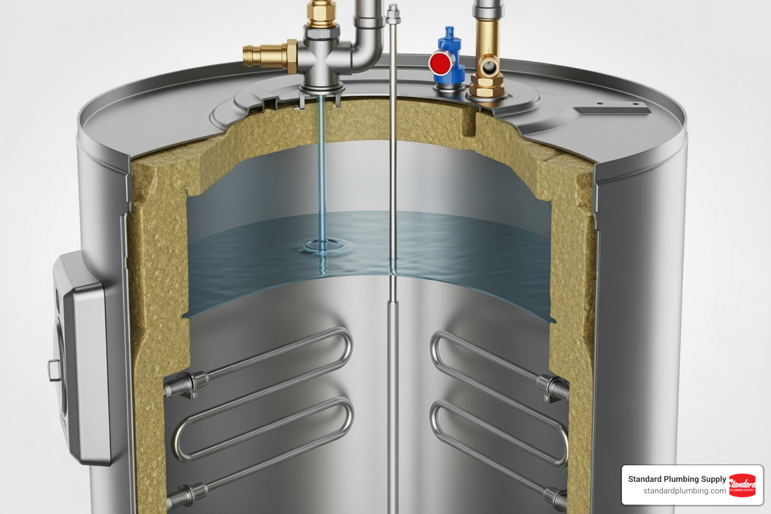 Cutaway view of a water heater showing the anode rod and heating elements - 55 gallon water heater