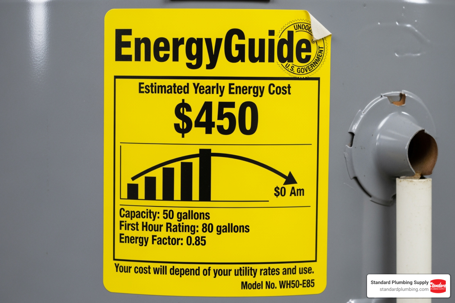 EnergyGuide label on a water heater - 55 gallon water heater
