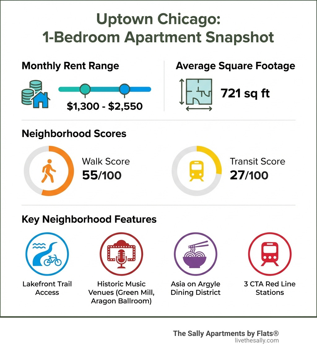 Infographic showing Uptown Chicago 1-bedroom apartment statistics including rent range of $1,300-$2,550 per month, average square footage of 721 sq ft, Walk Score of 55/100, Transit Score of 27/100, and key neighborhood features including Lakefront Trail access, historic music venues like Green Mill and Aragon Ballroom, Asia on Argyle dining district, and three CTA Red Line stations - 1 bedroom apartment uptown chicago infographic 