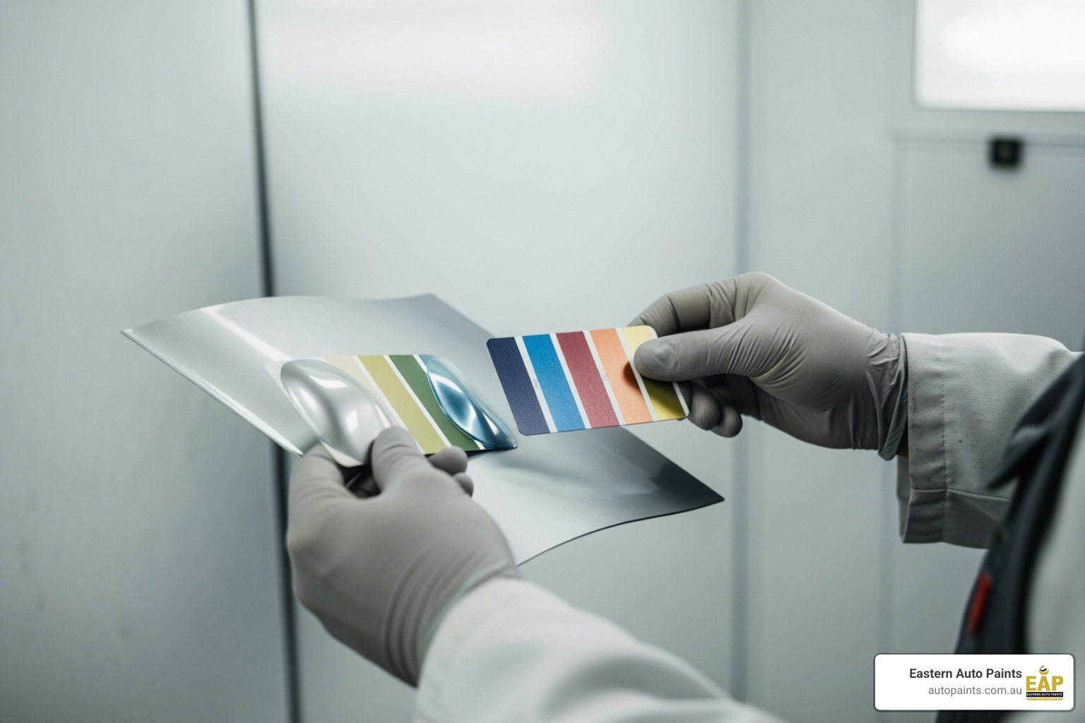 A paint technician carefully inspecting a freshly sprayed test card against a physical sample under controlled lighting conditions. - colour matching services