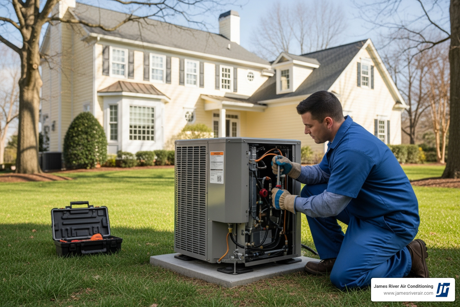 Infographic showing heat pump maintenance schedule and benefits: spring tune-up prepares system for cooling season, fall check-up prepares for heating season, regular maintenance provides 10-25% energy savings, extends equipment lifespan, prevents costly breakdowns, and maintains warranty coverage. DIY tasks include monthly filter changes and outdoor unit debris removal. Professional tasks include refrigerant level checks, coil cleaning, electrical inspections, and condensate drain checks. - heat pump maintenance in colonial heights, va Infographic showing heat pump maintenance schedule and benefits: spring tune-up prepares system for cooling season, fall check-up prepares for heating season, regular maintenance provides 10-25% energy savings, extends equipment lifespan, prevents costly breakdowns, and maintains warranty coverage. DIY tasks include monthly filter changes and outdoor unit debris removal. Professional tasks include refrigerant level checks, coil cleaning, electrical inspections, and condensate drain checks. - heat pump maintenance in colonial heights, va